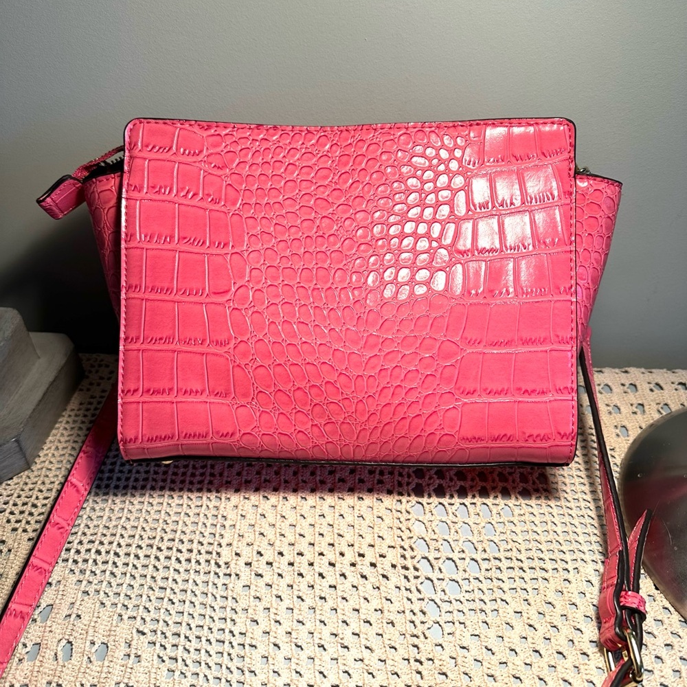 Anne Klein Vibrant Pink Croc-Embossed Shoulder Bag - Picture 3 of 10